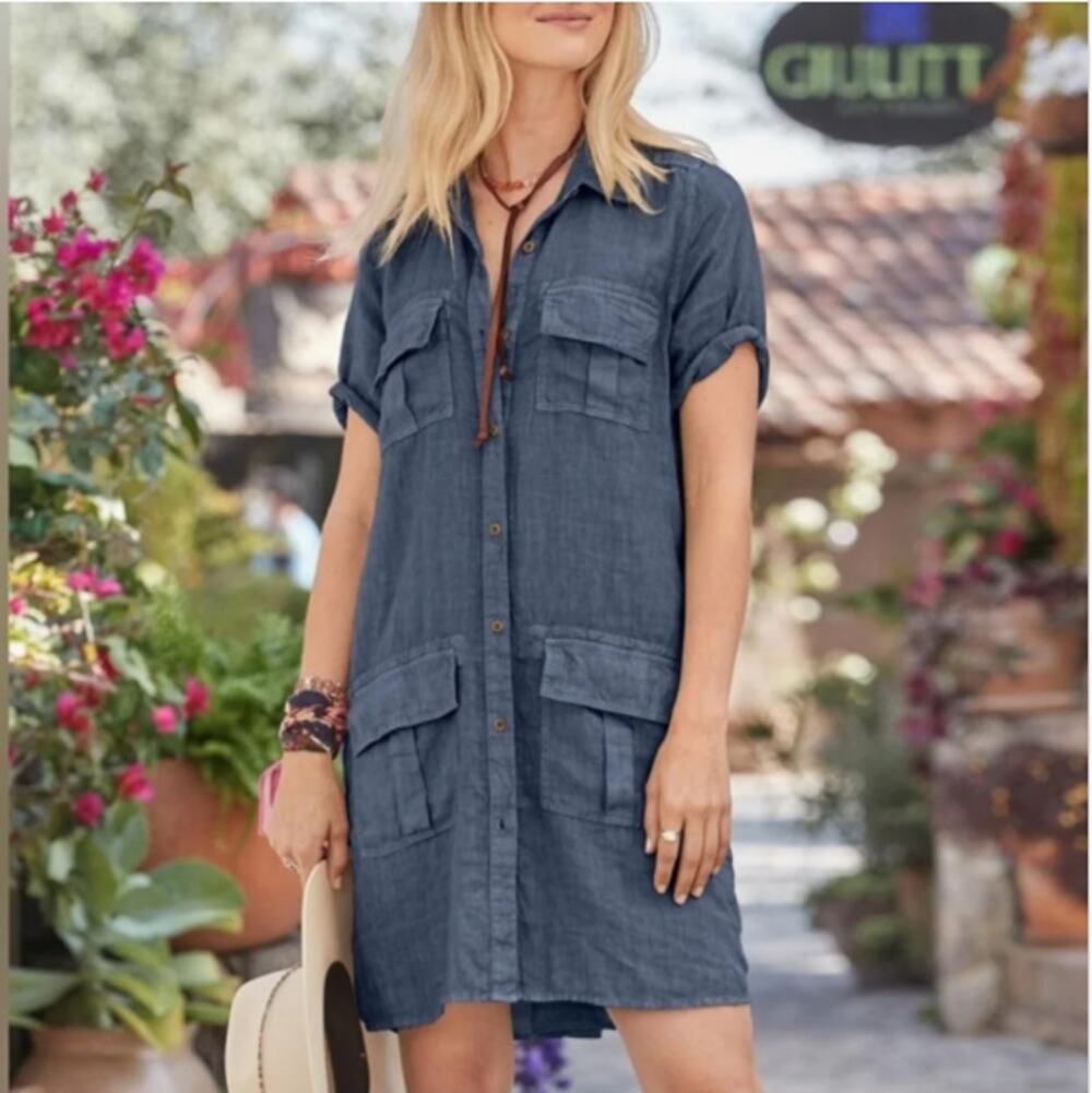 Sundance Harper Shirt Dress Blue 100% Linen Chambray Cargo Utility XXL